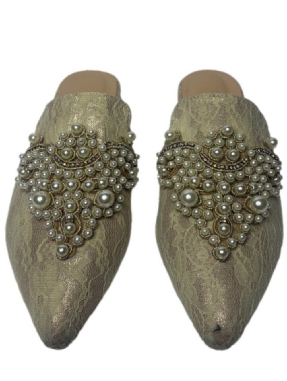 Tilocow Embellished Pearl Lace Pointed Toe Mules - Cream Size 8.5 Nwot